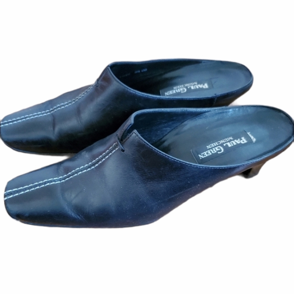 Paul Green Heeled Mules Slides Black Genuine Leather Size 7 US
